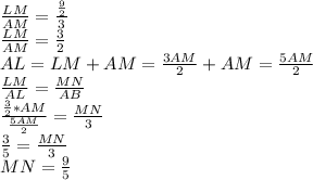 \frac{LM}{AM} = \frac{ \frac{9}{2}}{3} \\&#10; \frac{LM}{AM} = \frac{3}{2}\\&#10; AL = LM+AM = \frac{3AM}{2}+AM = \frac{5AM}{2} \\&#10; \frac{LM}{AL} = \frac{MN}{AB} \\\&#10; \frac{ \frac{3}{2}*AM}{ \frac{5AM}{2} } = \frac{MN}{3}\\&#10; \frac{3}{5} = \frac{MN}{3}\\&#10; MN=\frac{9}{5}