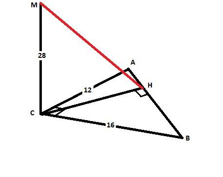Прямоугольного треугольника авс равны 12 и 16 дм. из вершины прямого угла с к плоскости треугольника