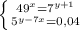 \left \{ {{ 49^x = 7^{y + 1} {} } \atop { 5^{y - 7x} = 0,04}} \right.