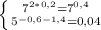 \left \{ {{ 7^{2 * 0,2} = 7^{0,4} } \atop { 5^{ -0,6 - 1,4} =0,04}} \right.