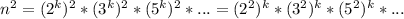 n^2=(2^k)^2*(3^k)^2*(5^k)^2*...=(2^2)^k*(3^2)^k*(5^2)^k*...