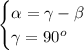 \begin{cases} \alpha =\gamma- \beta \\ \gamma=90^o \end{cases}