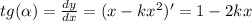 tg (\alpha)= \frac{dy}{dx}=(x-kx^2)'=1-2kx