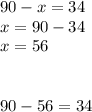 90-x=34\\x=90-34\\x=56\\\\\\90-56=34