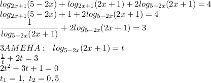 log_{2x+1}(5-2x)+log_{2x+1}(2x+1)+2log_{5-2x}(2x+1)=4 \\ &#10;log_{2x+1}(5-2x)+1+2log_{5-2x}(2x+1)=4 \\ &#10;\dfrac{1}{log_{5-2x}(2x+1)}+2log_{5-2x}(2x+1)=3 \\ \\&#10;3AMEHA:\ \ log_{5-2x}(2x+1)=t \\ &#10; \frac{1}{t}+2t=3 \\ 2t^2-3t+1=0 \\ t_1=1,\ t_2=0,5