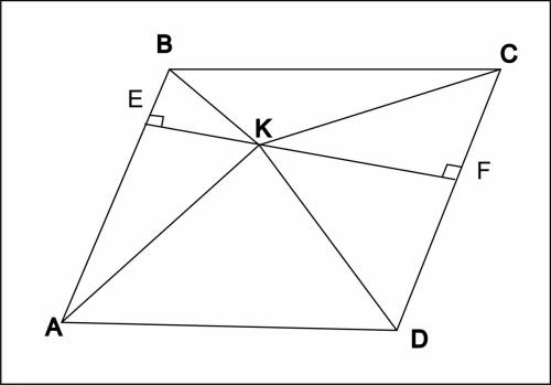 Внутри параллелограмма abcd взята точка k такая, что площади треугольников abk и kcd равны соответст