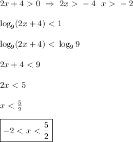 2x+4\ \textgreater \ 0 \ \Rightarrow \ 2x\ \textgreater \ -4 \ \RIghtarrow \ x\ \textgreater \ -2 \\ \\ \log_9 (2x+4)\ \textless \ 1 \\ \\ \log_9 (2x+4)\ \textless \ \log_9 9 \\ \\ 2x+4\ \textless \ 9 \\ \\ 2x\ \textless \ 5 \\ \\ x\ \textless \ \frac{5}{2} \\ \\ \boxed{-2\ \textless \ x\ \textless \ \frac{5}{2}}