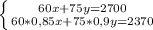 \left \{ {{60x+75y=2700} \atop {60*0,85x+75*0,9y=2370}} \right.