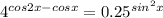 4^{cos2x-cosx}=0.25^{sin^2x}