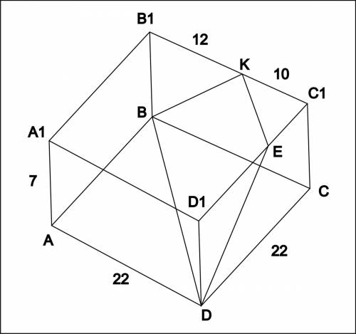 Вправильной четырёхугольной призме abcda1b1c1d1 сторона основания равна 22, а боковое ребро aa1=7.то