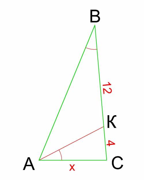 На стороні вс трикутника авс позначено точку к так, що корень сак = корень авс; вк = 12 см; кс = 4 с