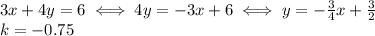 3x+4y=6 \iff 4y=-3x+6 \iff y=- \frac{3}{4}x+ \frac{3}{2} \\ &#10;k=-0.75