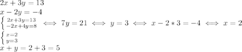 2x+3y=13 \\ x-2y=-4 \\ &#10; \left \{ {{2x+3y=13} \atop {-2x+4y=8}} \right. &#10;\iff 7y=21 \iff y=3 \iff x-2*3=-4 \iff x=2 \\ &#10; \left \{ {{x=2} \atop {y=3}} \right. \\ &#10;x+y=2+3=5 \\