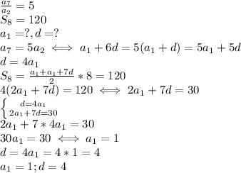 \frac{a_7}{a_2}=5 \\ &#10;S_8=120 \\ &#10;a_1=?,d=? \\ &#10;a_7=5a_2 \iff a_1+6d=5(a_1+d)=5a_1+5d \\ &#10;d=4a_1 \\ &#10;S_8= \frac{a_1+a_1+7d}{2}*8=120 \\ &#10;4(2a_1+7d)=120 \iff 2a_1+7d=30 \\ &#10; \left \{ {{d=4a_1} \atop {2a_1+7d=30}} \right. \\ &#10;2a_1+7*4a_1=30 \\ &#10;30a_1=30 \iff a_1=1 \\ &#10;d=4a_1=4*1=4 \\ &#10;a_1=1;d=4