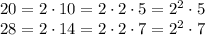 20=2\cdot10=2\cdot2\cdot5=2^2\cdot5\\28=2\cdot14=2\cdot2\cdot7=2^2\cdot7