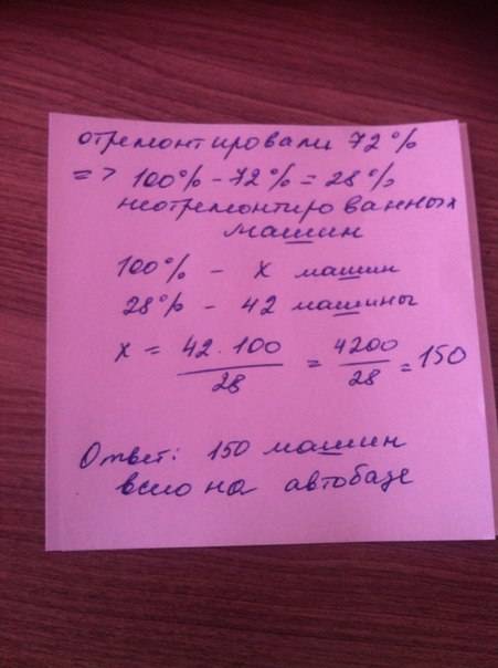 На автобазе отремонтировали 72% всех машин.после этого осталось отремонтеровать 42 машины .сколько в