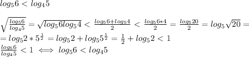 log_5 6 \ \textless \ log_4 5 \\ &#10; &#10; \sqrt{ \frac{log_56}{log_45} }= \sqrt{log_56log_54}\ \textless \ \frac{log_56+log_54}{2} &#10;\ \textless \ \frac{log_56*4}{2}= \frac{log_520}{2}=log_5 \sqrt{20}= \\ &#10;=log_{5}2*5^{ \frac{1}{2} }=log_52+log_55^{ \frac{1}{2}} &#10;= \frac{1}{2} +log_52\ \textless \ 1 \\ &#10; \frac{log_56}{log_45}\ \textless \ 1 \iff log_56\ \textless \ log_45 &#10;