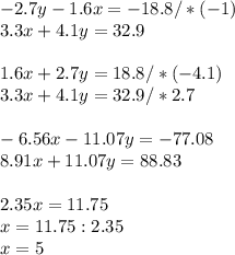 -2.7y-1.6x=-18.8 /*(-1)\\ 3.3x+4.1y=32.9 \\ \\ 1.6x+2.7y=18.8/*(-4.1) \\ 3.3x+4.1y=32.9 /*2.7\\ \\ -6.56x-11.07y=-77.08 \\ 8.91x+11.07y=88.83 \\ \\ 2.35x=11.75\\x=11.75:2.35\\x=5