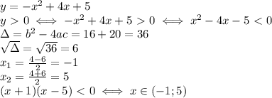 y=-x^2+4x+5 \\ &#10;y\ \textgreater \ 0 \iff -x^2+4x+5\ \textgreater \ 0 \iff x^2-4x-5\ \textless \ 0 \\ &#10;\Delta=b^2-4ac=16+20=36 \\ \sqrt{\Delta}= \sqrt{36}=6 \\ &#10;x_1= \frac{4-6}{2}=-1 \\ &#10;x_2= \frac{4+6}{2}=5 \\ &#10;(x+1)(x-5)\ \textless \ 0 \iff x\in(-1;5) \\ &#10;