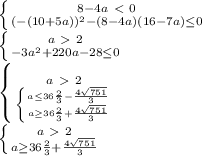 \left \{ {8-4a\ \textless \ 0} \atop {(-(10+5a))^2-(8-4a)(16-7a) \leq 0}} \right. \\ \left \{ {{a\ \textgreater \ 2} \atop {-3a^2+220a-28 \leq 0}} \right. \\ \left \{ {{a\ \textgreater \ 2} \atop { \left \{ {{a \leq 36 \frac{2}{3}- \frac{4 \sqrt{751} }{3} } \atop {a \geq 36 \frac{2}{3}+ \frac{4 \sqrt{751} }{3}}} \right. }} \right. \\ &#10; \left \{ {{a\ \textgreater \ 2} \atop {a \geq 36 \frac{2}{3}+ \frac{4 \sqrt{751} }{3}}} \right.