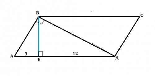 Впараллелограмме авсд вд перпен-ен ав ,ве перпендикулярен ад. ае=3 см ед=12см найти площадь парпллел