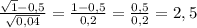 \frac{ \sqrt{1}-0,5 }{ \sqrt{0,04} }= \frac{1-0,5}{0,2}= \frac{0,5}{0,2}=2,5