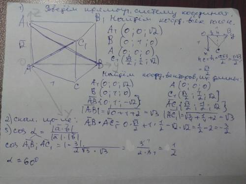 Вправильной треугольной призме abca1b1c1 (aa1∥bb1∥cc1) aa1=√2, ab=1. найдите угол между прямыми a1b