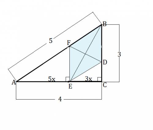 Дан прямоугольный треугольник авс с катетами вс = 3 и ас = 4. ромб вdеf расположен в треугольнике ав