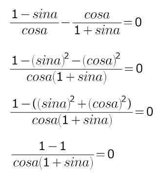 Доказать (1-sina)/cosa - cosa/(1+sina)=0