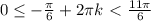 0 \leq -\frac{ \pi }{6}+2 \pi k \ \textless \ \frac{11 \pi }{6}