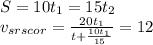 S=10t_{1}=15t_{2} \\ v_{srscor}=\frac{20t _{1} }{t+\frac{10t_{1}}{15}} = 12