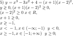 5)\ y=x^3-3x^2+4=(x+1)(x-2)^2, \\ y\gtrless0, (x+1)(x-2)^2\gtrless0, \\&#10;(x-2)^2\geq0 \ x\in R, \\ x+1\gtrless0, \\ x\gtrless-1, \\ &#10;x\ \textless \ -1, x\in(-\infty;-1) \ \ y\ \textless \ 0, \\ x \geq -1, x\in[-1;+\infty) \ \ y \geq 0;