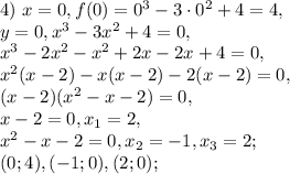 4) \ x=0, f(0)=0^3-3\cdot0^2+4=4, \\ &#10;y=0, x^3-3x^2+4=0, \\ x^3-2x^2-x^2+2x-2x+4=0, \\ x^2(x-2)-x(x-2)-2(x-2)=0, \\ (x-2)(x^2-x-2)=0, \\ &#10;x-2=0, x_1=2, \\ x^2-x-2=0, x_2=-1, x_3=2; \\ &#10;(0;4), (-1;0), (2;0);