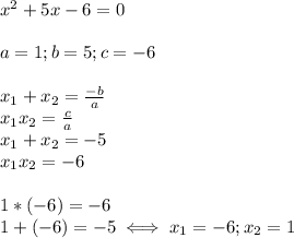 x^2+5x-6=0 \\ &#10; \\ &#10;a=1;b=5;c=-6 \\ \\ &#10;x_1+x_2= \frac{-b}{a} \\ &#10;x_1x_2= \frac{c}{a} \\ &#10;x_1+x_2=-5 \\ &#10;x_1x_2=-6 \\ &#10; \\ &#10;1*(-6)=-6 \\ &#10;1+(-6)=-5\iff x_1=-6;x_2=1