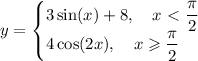 y=\begin {cases} \displaystyle 3\sin(x)+8, \quad x\ \textless \ \frac{\pi}{2} \\ \displaystyle 4\cos(2x), \quad x\geqslant \frac{\pi}{2} \end {cases}