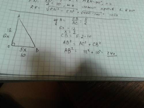 Впрямоугольном треугольнике катет равен 12,а тангенс прилежащего угла равен 5/6. найти квадрат длины