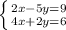 \left \{ {{2x-5y=9} \atop {4x+2y=6}} \right.