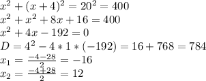 x^{2} + (x+4)^{2} = 20^{2} =400 \\ x^{2} + x^{2} +8x+16=400 \\ x^{2} +4x-192=0 \\ D = 4^2-4*1*(-192)=16+768=784 \\ x_{1}= \frac{-4-28}{2} =-16 \\ x_{2} = \frac{-4+28}{2} = 12