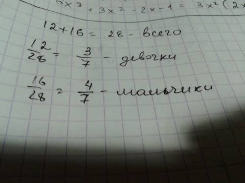 Вклассе 12 девочек 16 мальчиков. какую часть класса составляют девочки? какую мальчики?