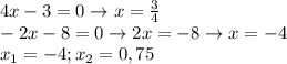 4x-3=0 \rightarrow x= \frac{3}{4} \\ &#10;-2x-8=0 \rightarrow 2x=-8\rightarrow x=-4 \\ &#10;x_1=-4;x_2=0,75