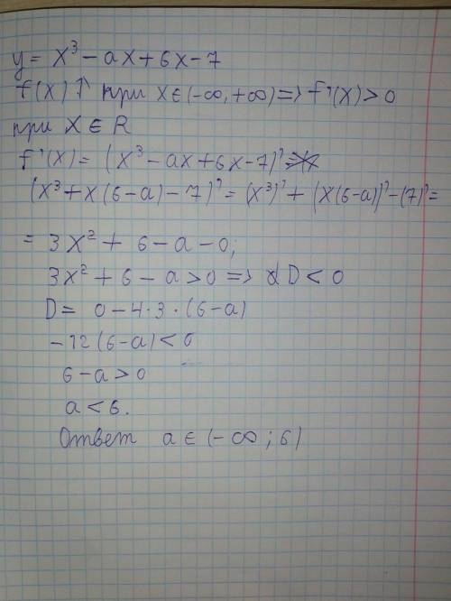 При каких значениях параметра а, функция y = x3 - ax + 6x - 7 возрастает на всей числовой оси?