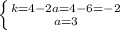 \left \{ {{k=4-2a=4-6=-2} \atop {a=3}} \right.