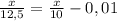 \frac{x}{12,5} = \frac{x}{10} - 0,01