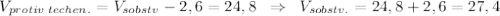 V_{protiv\; techen.}=V_{sobstv}-2,6=24,8\; \; \Rightarrow \; \; V_{sobstv.}=24,8+2,6=27,4