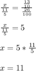 \frac{x}{ \frac{11}{5} } = \frac{ \frac{13}{10} }{ \frac{26}{100} } \\ \\ \frac{x}{ \frac{11}{5} } = 5 \\ \\ x = 5 * \frac{11}{5} \\ \\ x = 11