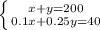 \left \{ {x+y=200} \atop {0.1x+0.25y=40}} \right.