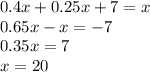 0.4x+0.25x+7=x \\ 0.65x-x=-7 \\ 0.35x=7 \\ x=20