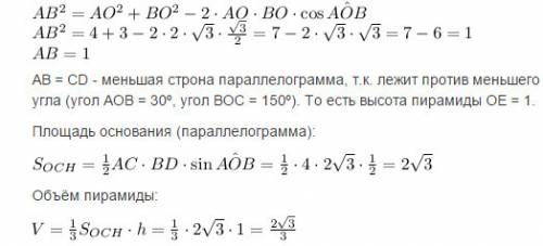 Найдите обьем пирамиды в основании которой лежит параллелограмм с диагоналями 4см и 2корней из 3 см
