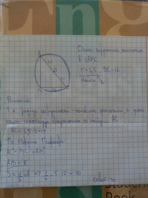 Один из катетов прямоугольного треугольника 12 см , а радиус описаной окружности 6,5. найти s