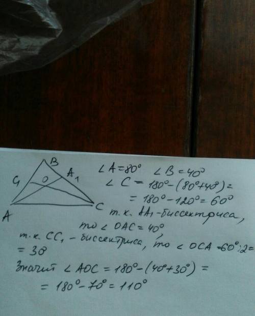 Утрикутнику авс: a = 80°, в = 40°. з вершини а і с проведено бісектриси трикутника, що перетинаються